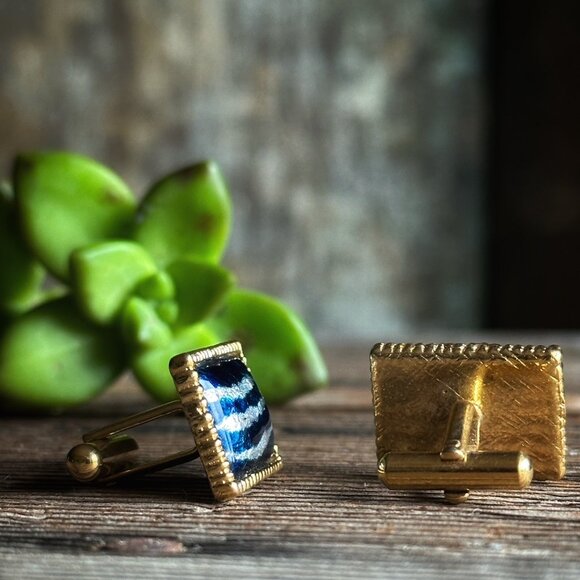 Blue Cuff Links w/ Foil Abstract Design - Picture 5 of 7